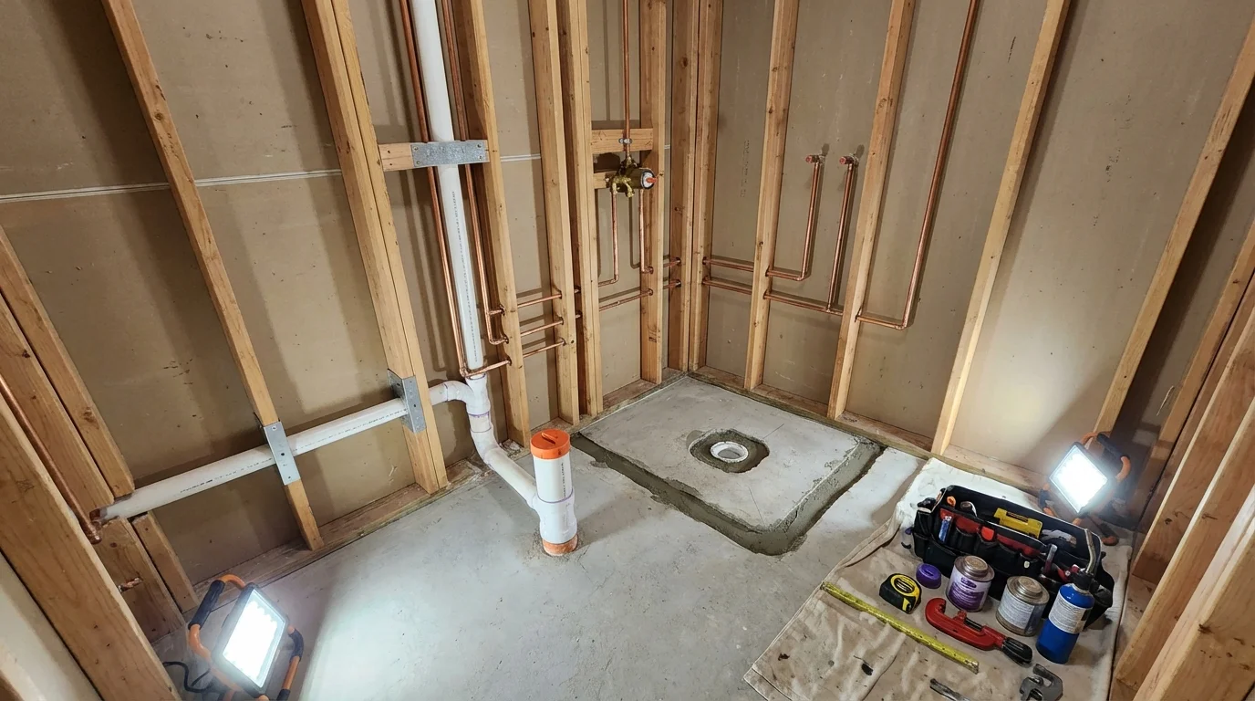 Bathroom rough-in plumbing during remodel by Johns Plumbing LLC in Holly Hill
