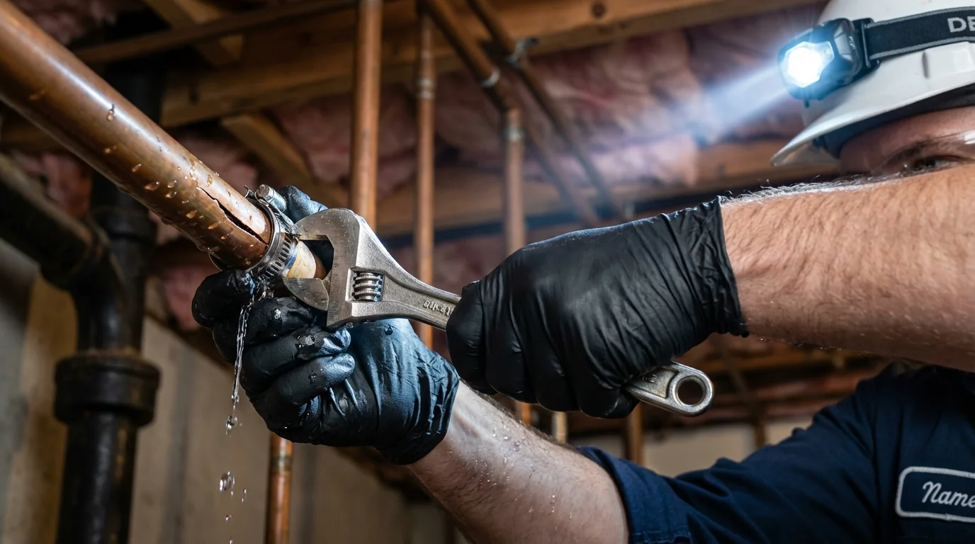 Emergency pipe clamp repair being performed by a Johns Plumbing LLC plumber in Holly Hill