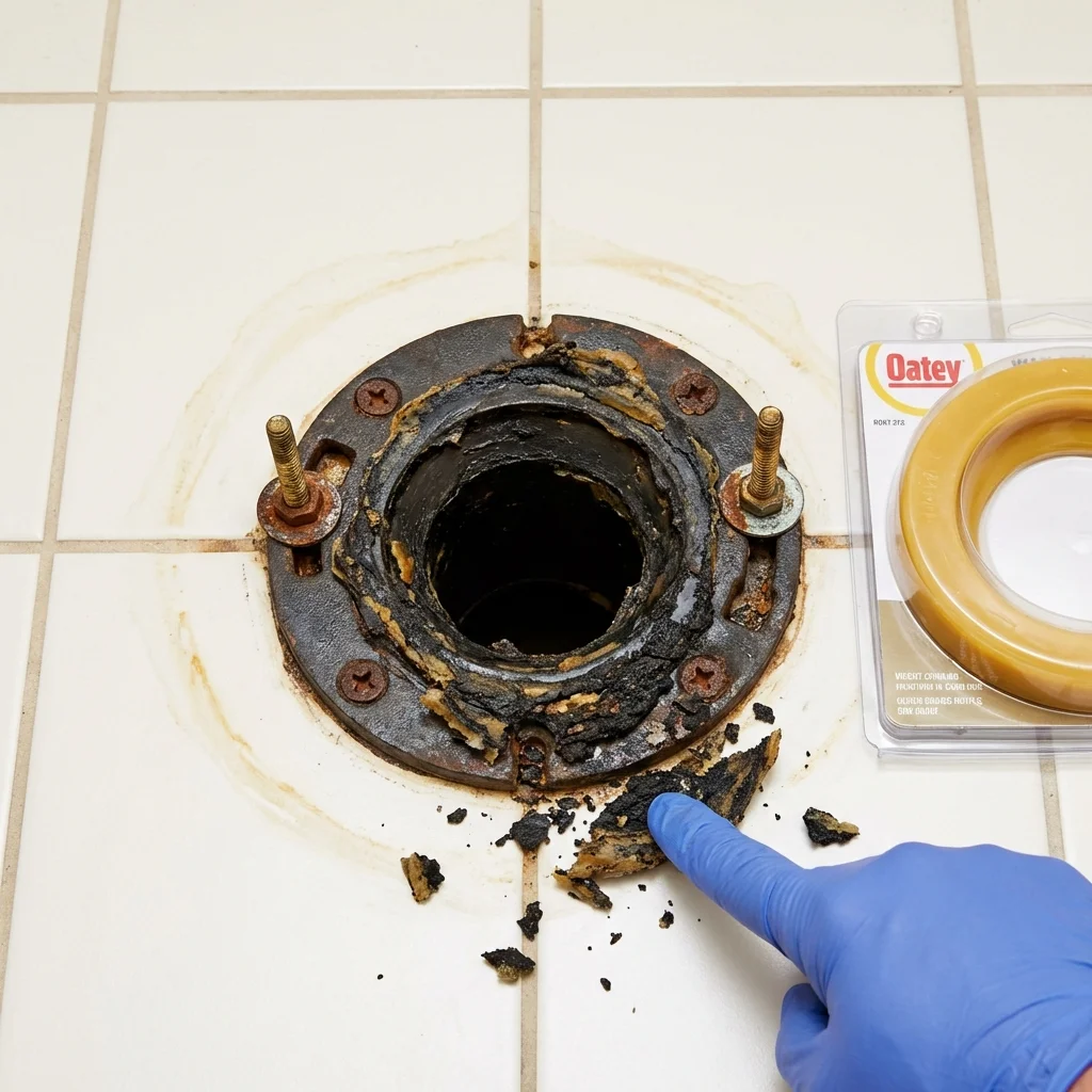 Failed wax ring showing water seepage at the base of a toilet in a Holly Hill, SC home